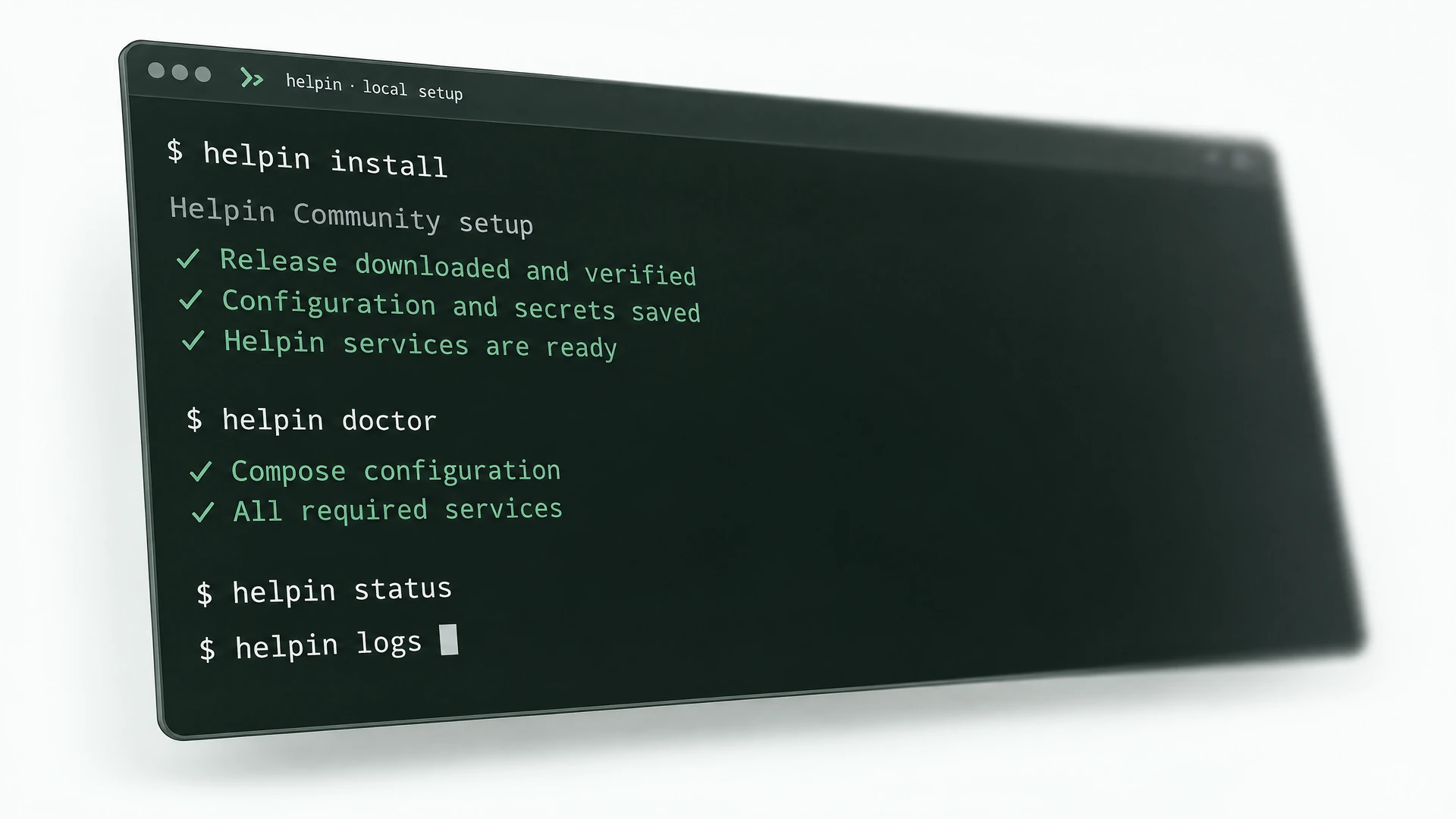 An angled Helpin CLI terminal showing installation checks, diagnostics, status, and logs, with a softly blurred right edge.